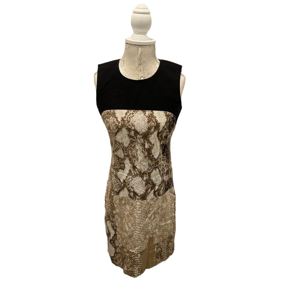Tahari Sleeveless Jewel Neck Reptile Print Color Block Cotton Shift Dress Small